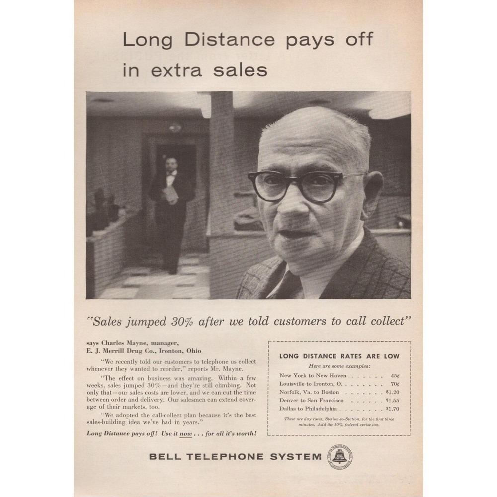Bell Telephone Long Distance Pays Off Sales Office Vintage Print Ad 1961